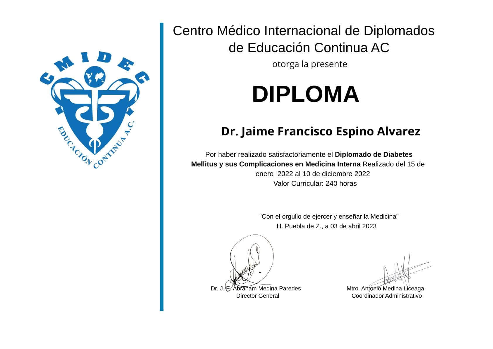Diploma Dr. Jaime Espino